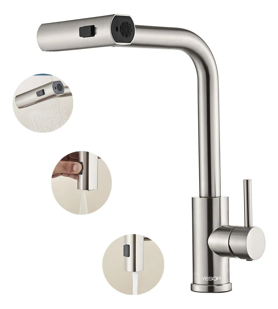 Torneira Para Cozinha Monocomando Pulverizador Cascata Rotativa com Ducha Extensível Rotativa - imagem do produto 3