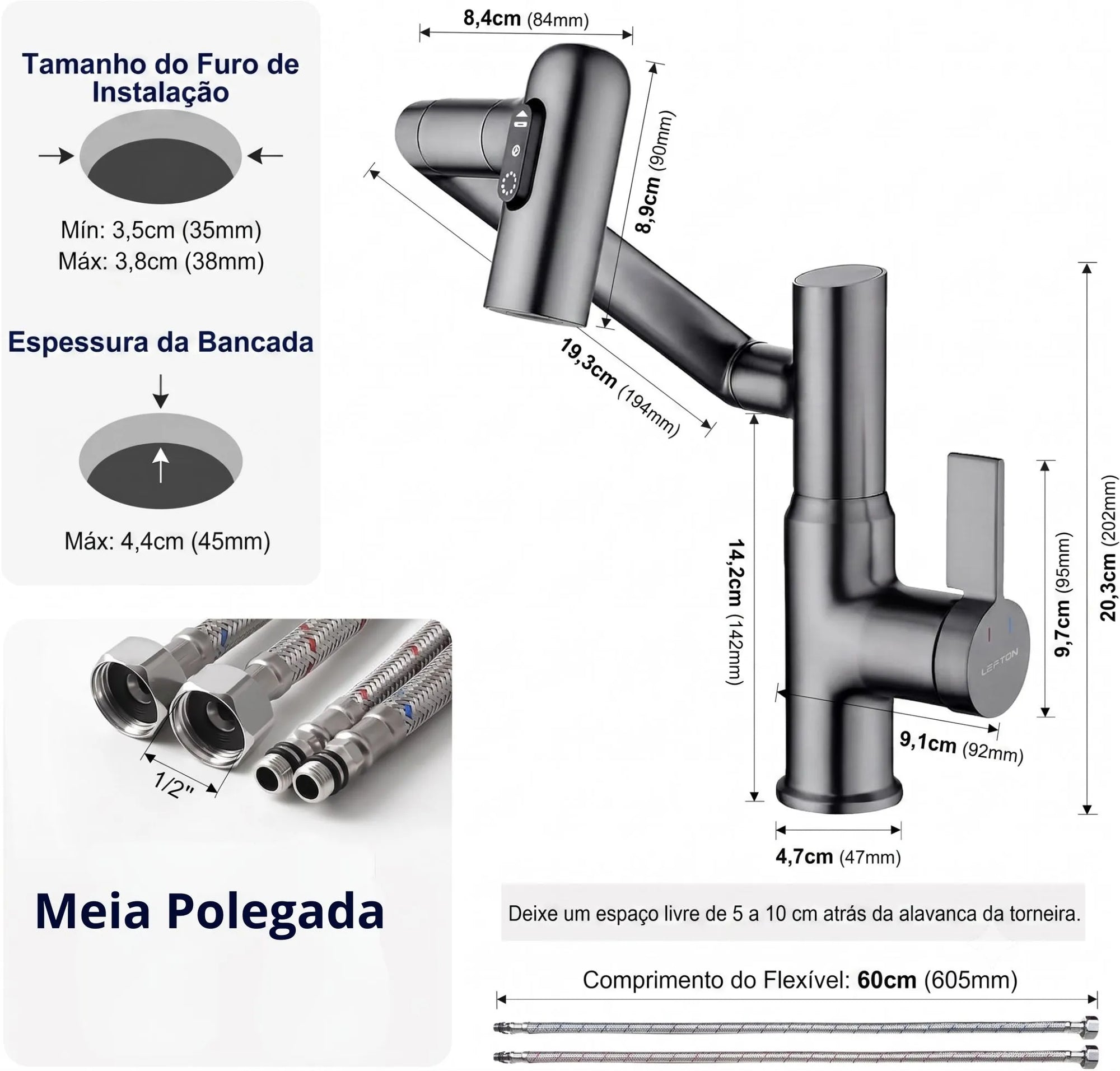 Torneira Para Banheiro Monocomando Misturador Com Display Digital LED 360° Rotação - Torneiras Royal 2