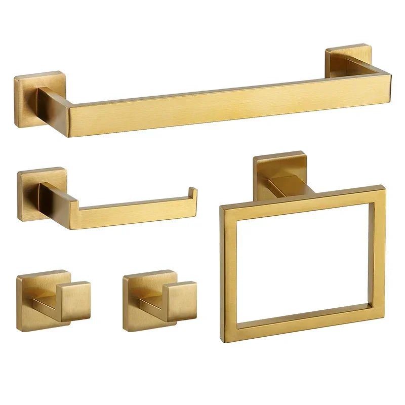 Kit Acessórios Para Banheiro Moderno Inox Com Ventosa 5 Peças - Dourado