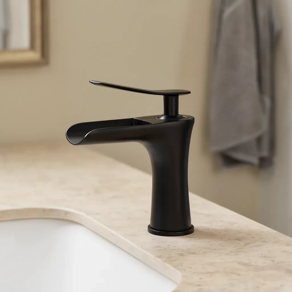 Torneira Monocomando Cascata Preto Escovado ambientada em bancada clara