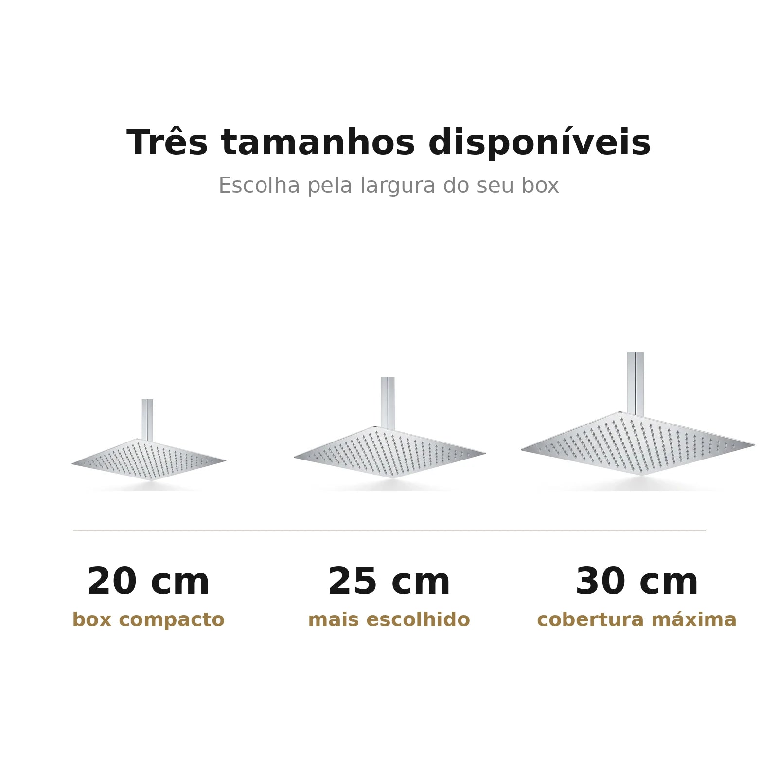 Comparativo dos três tamanhos do chuveiro de teto quadrado: 20 cm, 25 cm e 30 cm