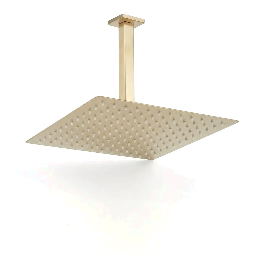 Chuveiro de teto quadrado ultrafino dourado escovado, foto em fundo branco - Torneiras Royal