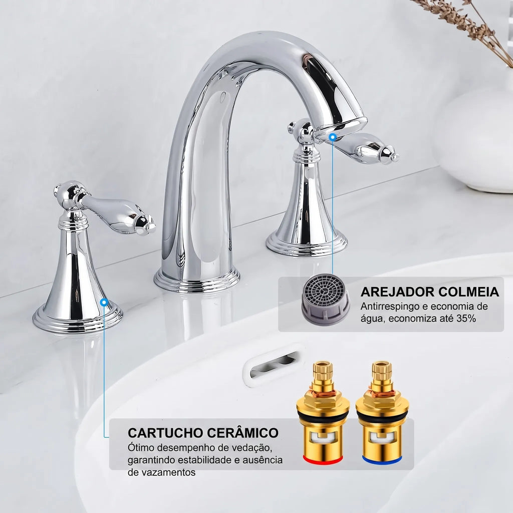 Torneira Para Banheiro Alça Dupla Modelo Vintage Água Quente e Fria - Torneiras Royal 2