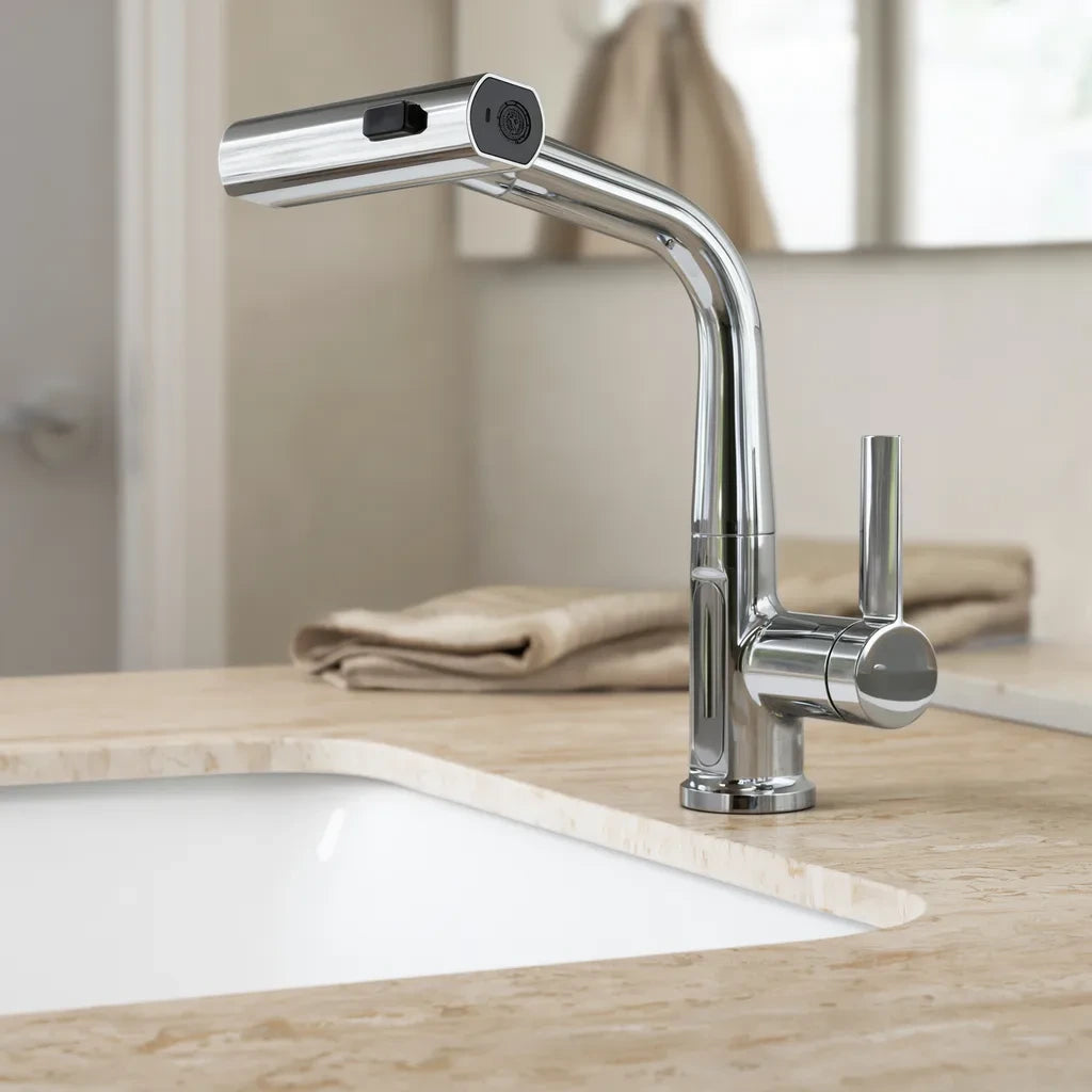 Torneira Digital Cascata Cromado ambientada em bancada de travertino