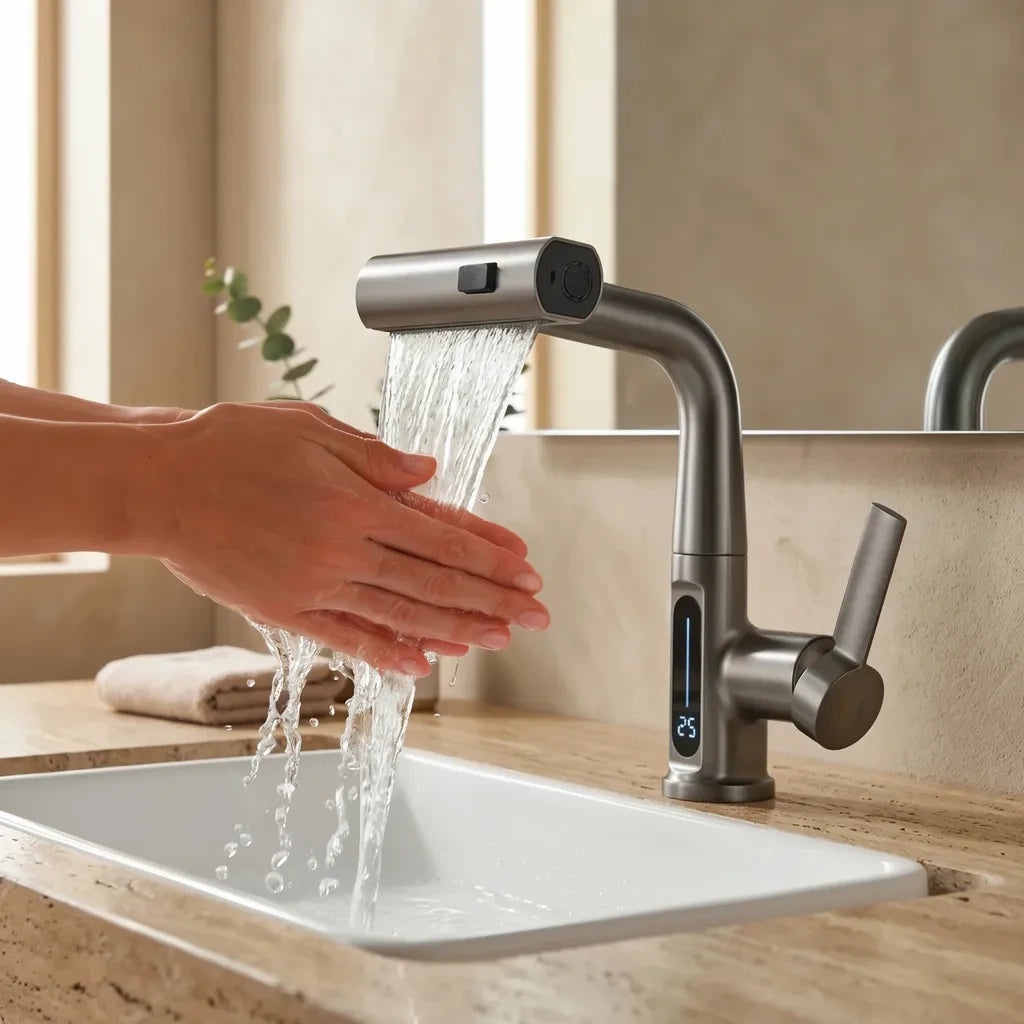 Torneira Digital Cascata Grafite em uso com mãos sob a cascata