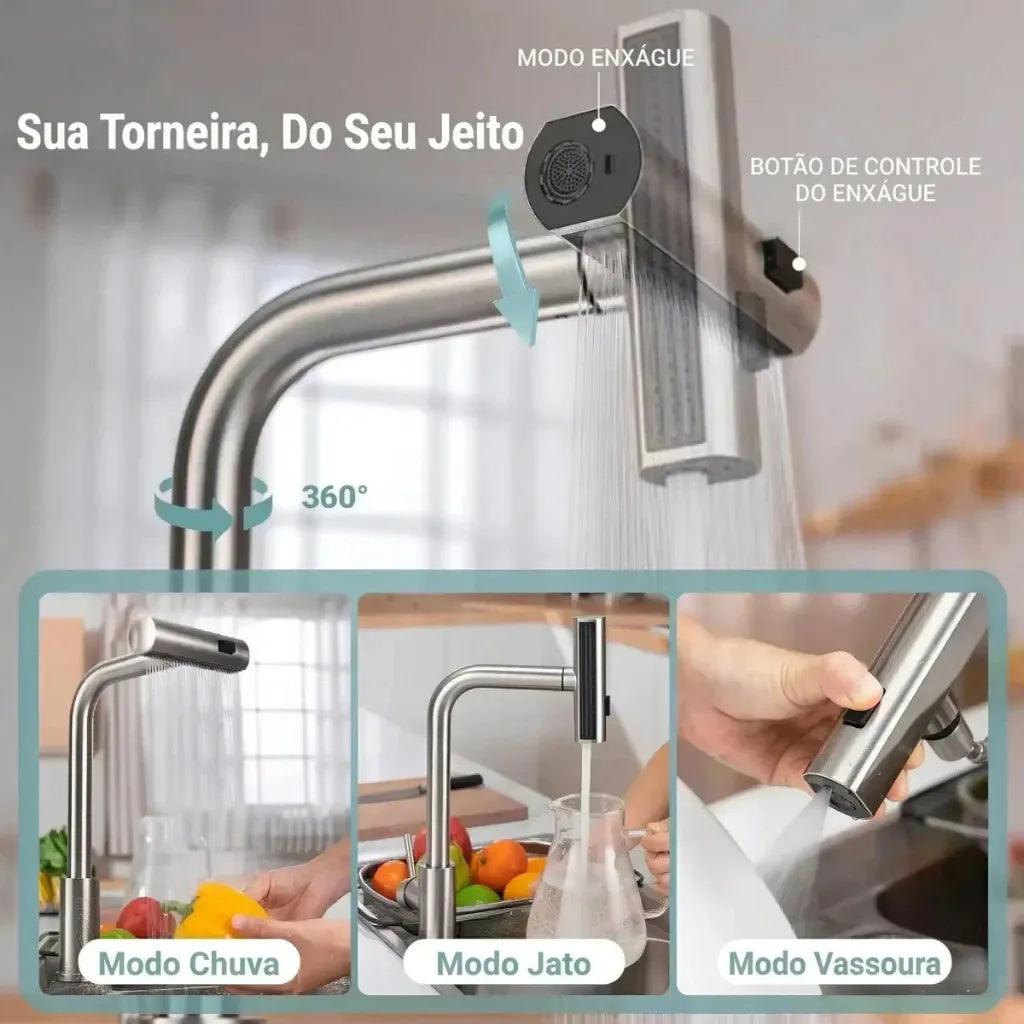 Torneira Para Cozinha Monocomando Pulverizador Cascata Rotativa com Ducha Extensível Rotativa - imagem do produto 8