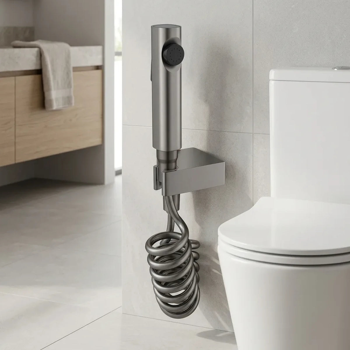 Ducha higiênica Aquazen cinza escovado instalada em parede de porcelanato ao lado do vaso sanitário