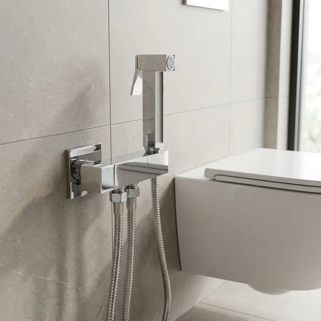 Ducha higiênica kit completo Delux cromada instalada em parede de porcelanato claro ao lado do vaso sanitário