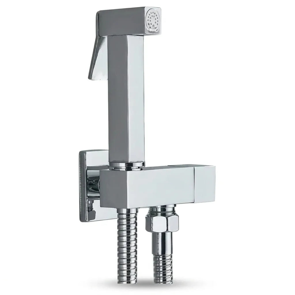 Ducha higiênica kit completo Delux cromada com gatilho quadrado, registro de parede e mangueira metálica, foto em fundo branco
