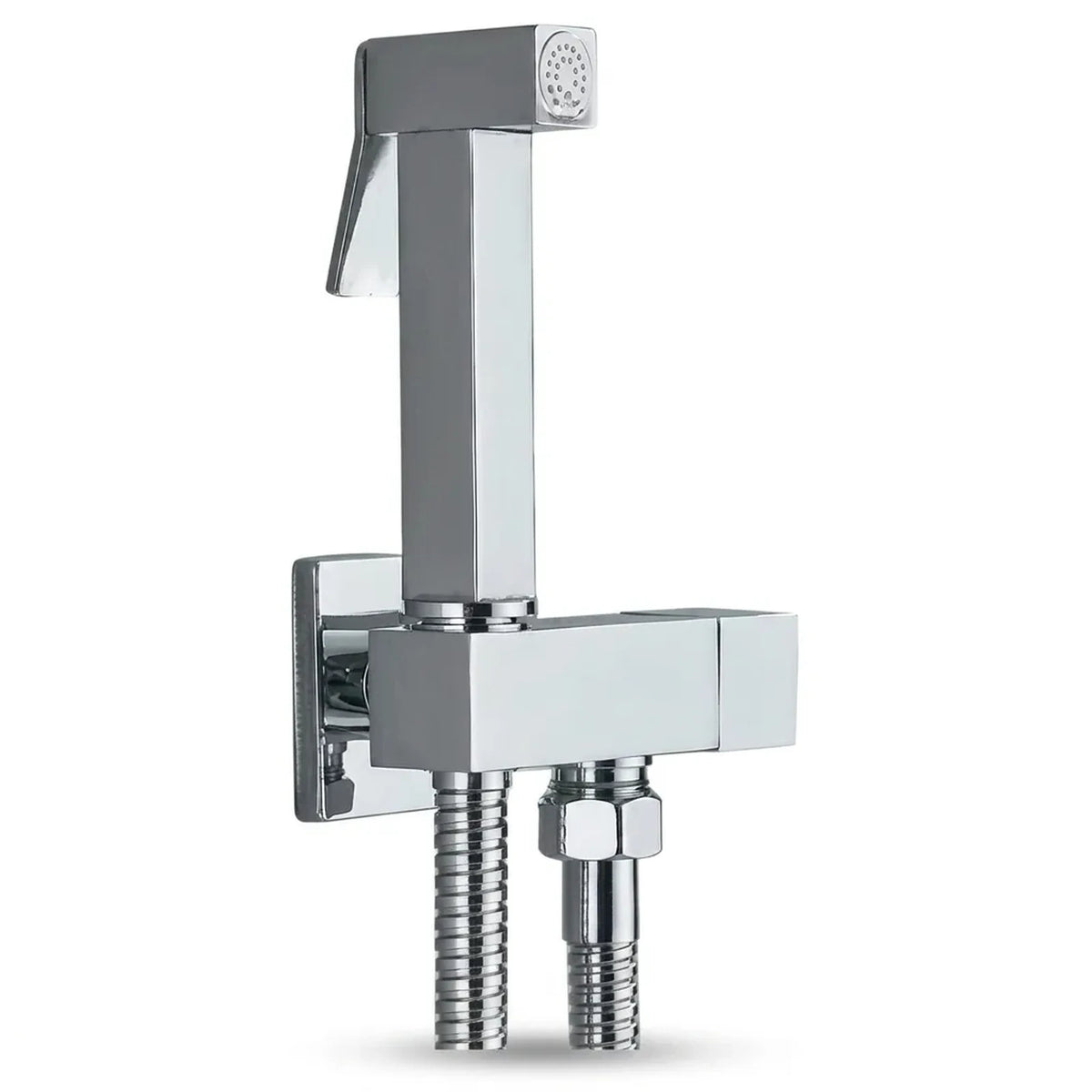 Ducha higiênica kit completo Delux cromada com gatilho quadrado, registro de parede e mangueira metálica, foto em fundo branco