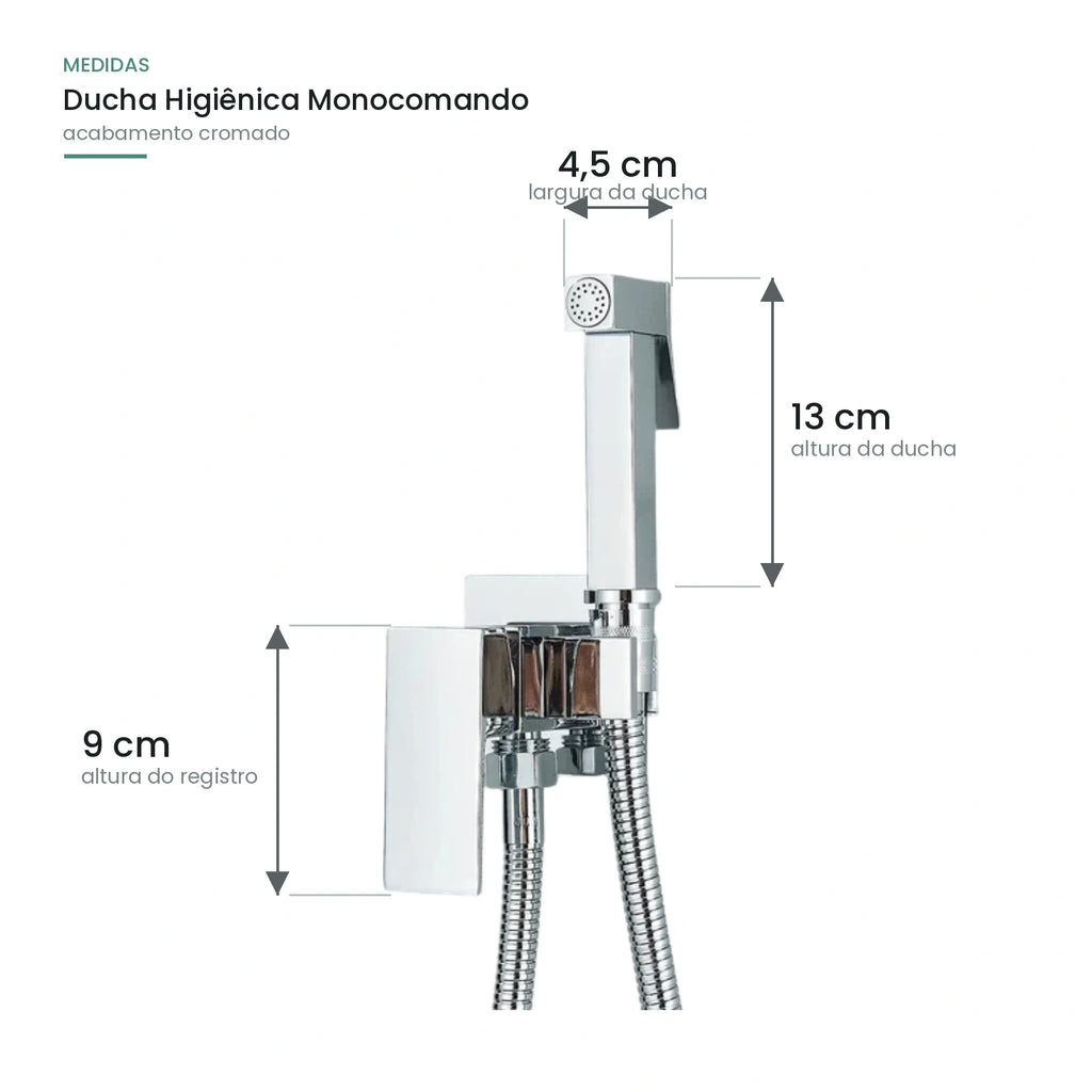 Medidas da ducha higiênica monocomando cromada: 4,5 cm de largura da ducha, 13 cm de altura da ducha e 9 cm de altura do registro