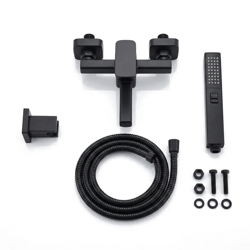 Itens inclusos do conjunto Royal Digital preto: misturador, ducha manual, mangueira flexível, suporte de parede e fixações