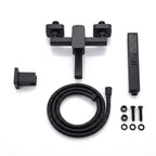 Itens inclusos do conjunto Royal Digital preto: misturador, ducha manual, mangueira flexível, suporte de parede e fixações