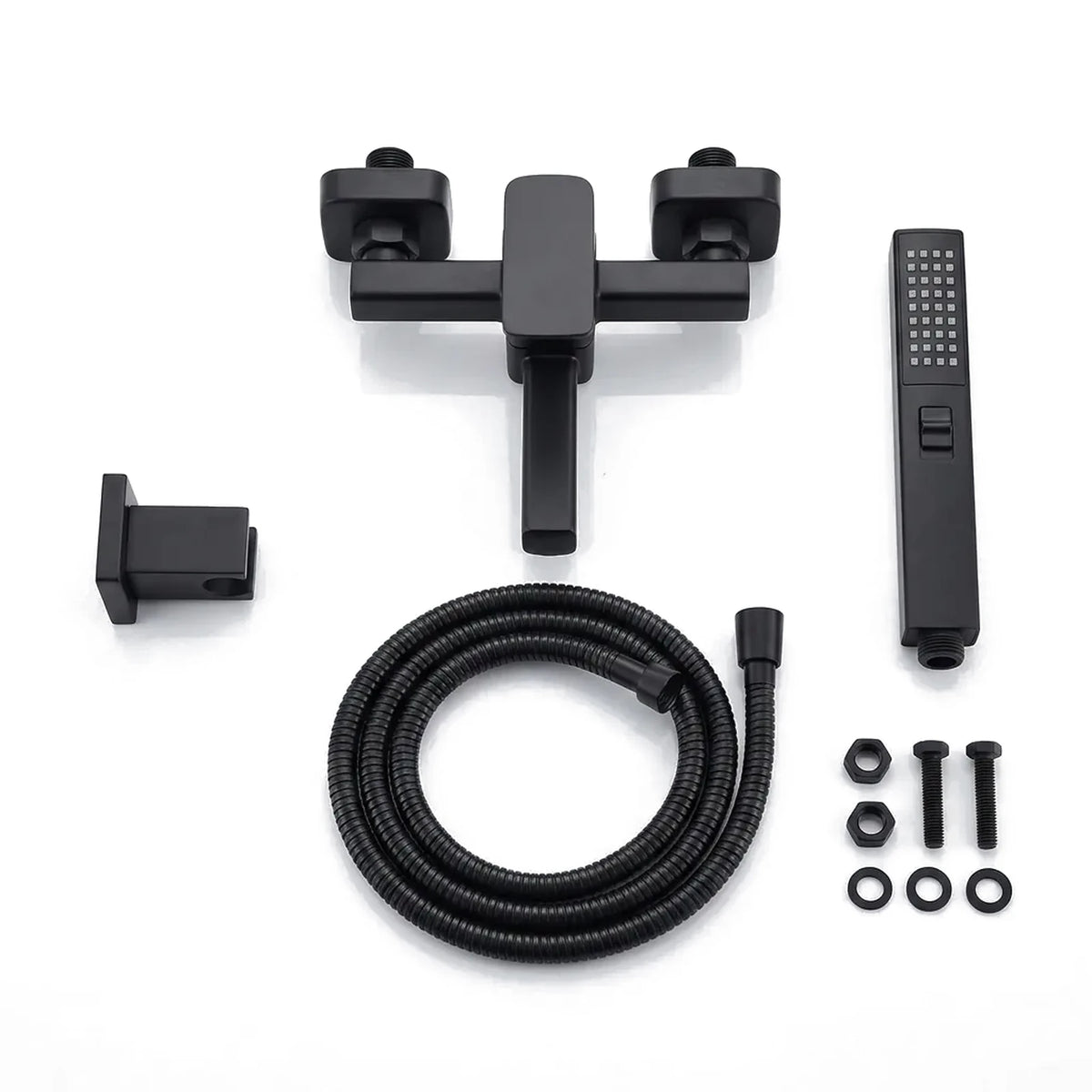 Itens inclusos do conjunto Royal Digital preto: misturador, ducha manual, mangueira flexível, suporte de parede e fixações