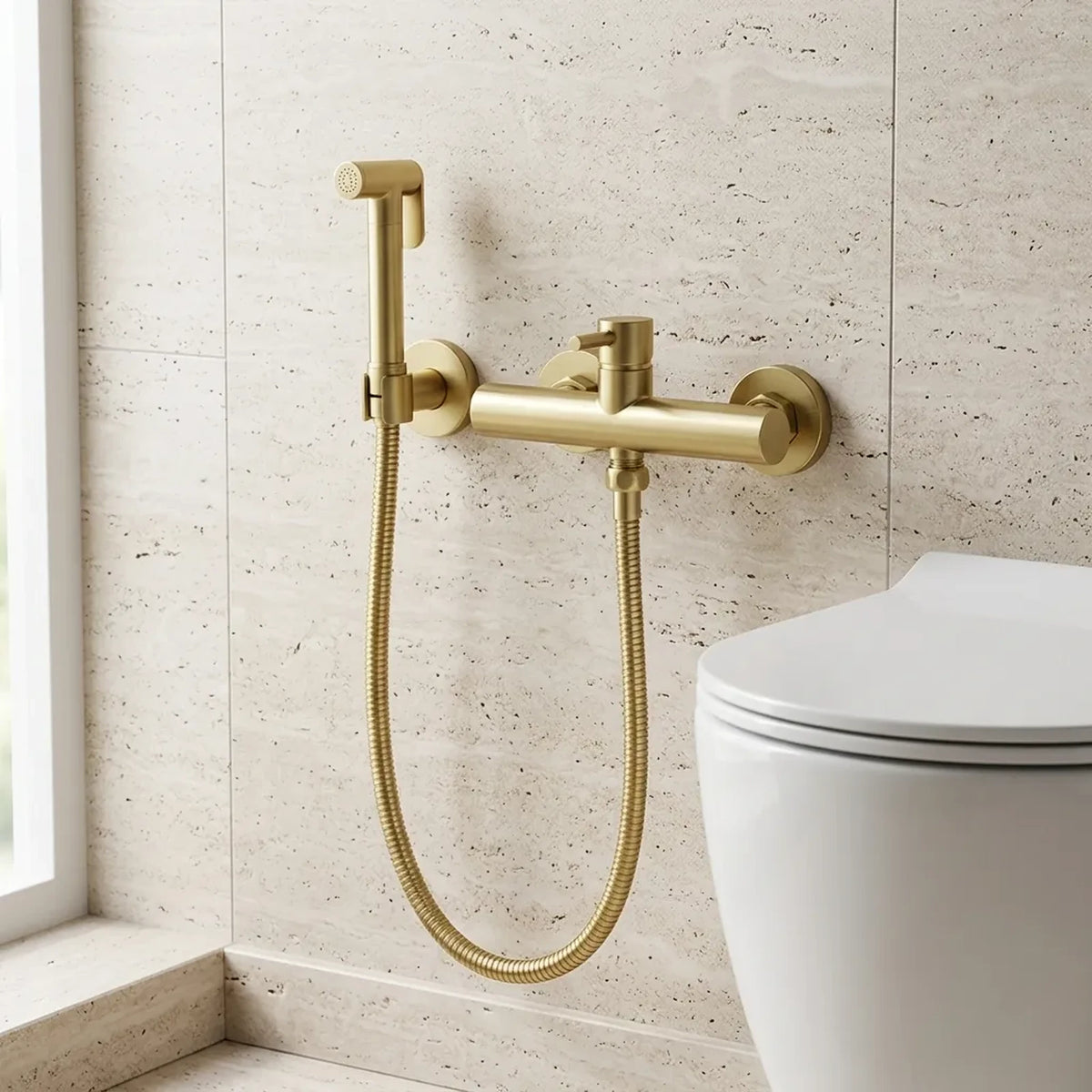 Ducha higiênica Royal Neo dourado escovado instalada em parede de travertino ao lado do vaso sanitário