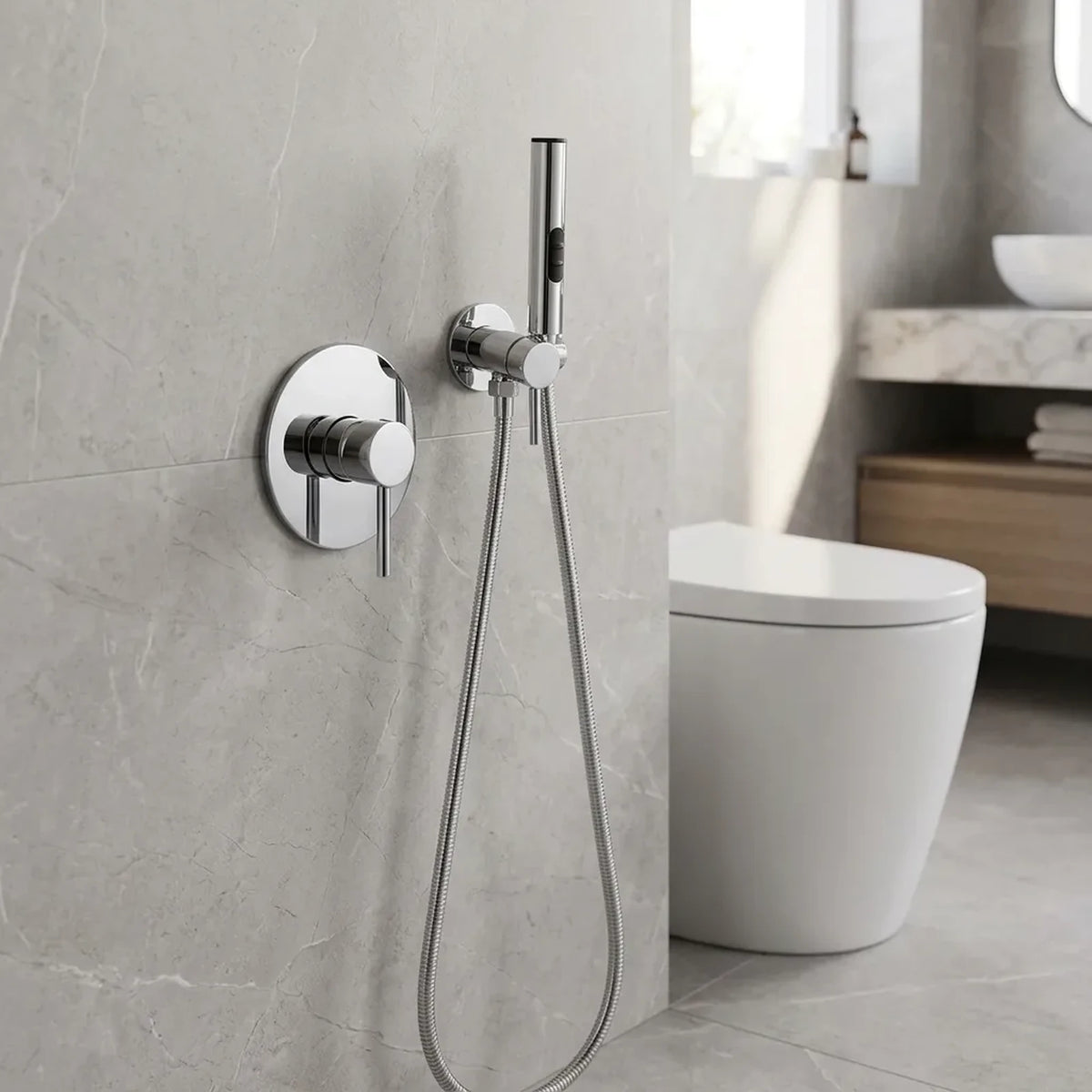 Ducha higiênica Royal Orion cromada instalada em parede de porcelanato cinza ao lado do vaso sanitário