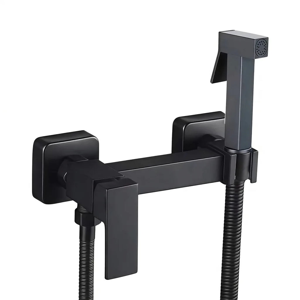 Ducha higiênica Royal Square 100% metal preta com misturador de duas alavancas e suporte acoplado, foto em fundo branco