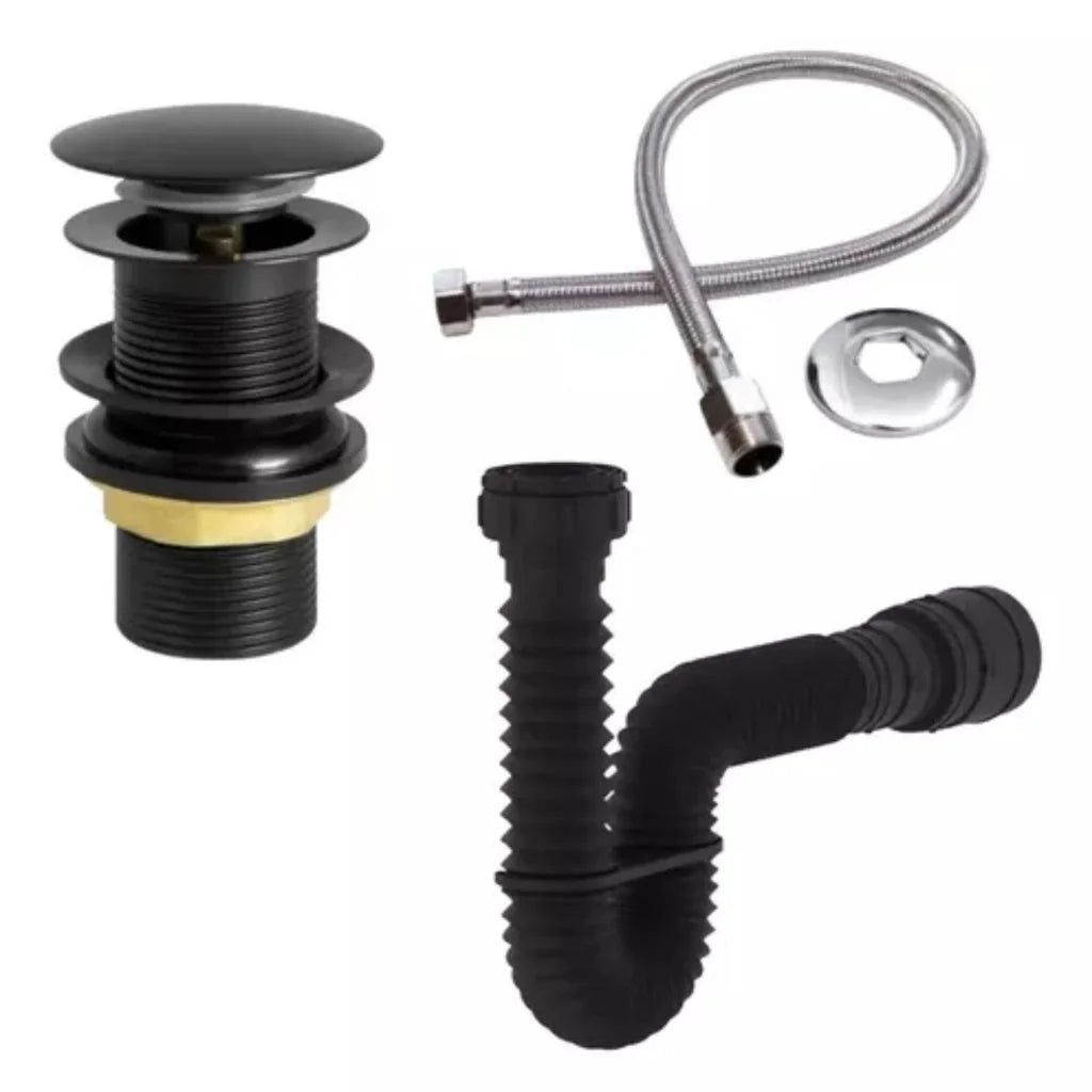 Kit Válvula Click Preta Lavatório Cuba Sifão Sanfonado Universal Extensivo Preto Engate 40 cm inox trançado Rabicho