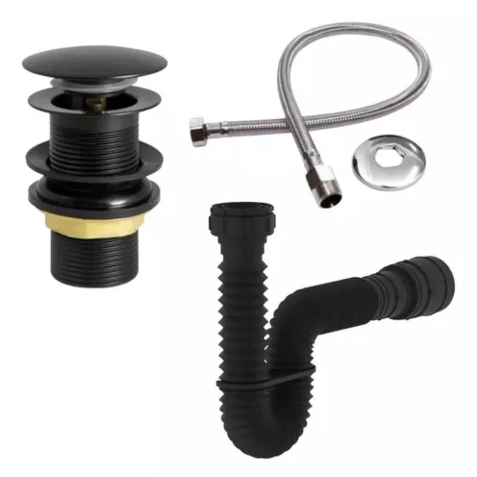 Kit Válvula Click Preta Lavatório Cuba Sifão Sanfonado Universal Extensivo Preto Engate 40 cm inox trançado Rabicho