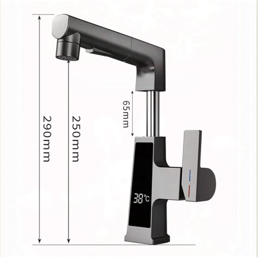 Medidas da Torneira Com Display Digital Monocomando Mangueira Extensível Pull-Out: 290 mm de altura total, 250 mm até a saída e extensão vertical de 65 mm