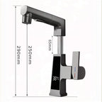 Medidas da Torneira Com Display Digital Monocomando Mangueira Extensível Pull-Out: 290 mm de altura total, 250 mm até a saída e extensão vertical de 65 mm