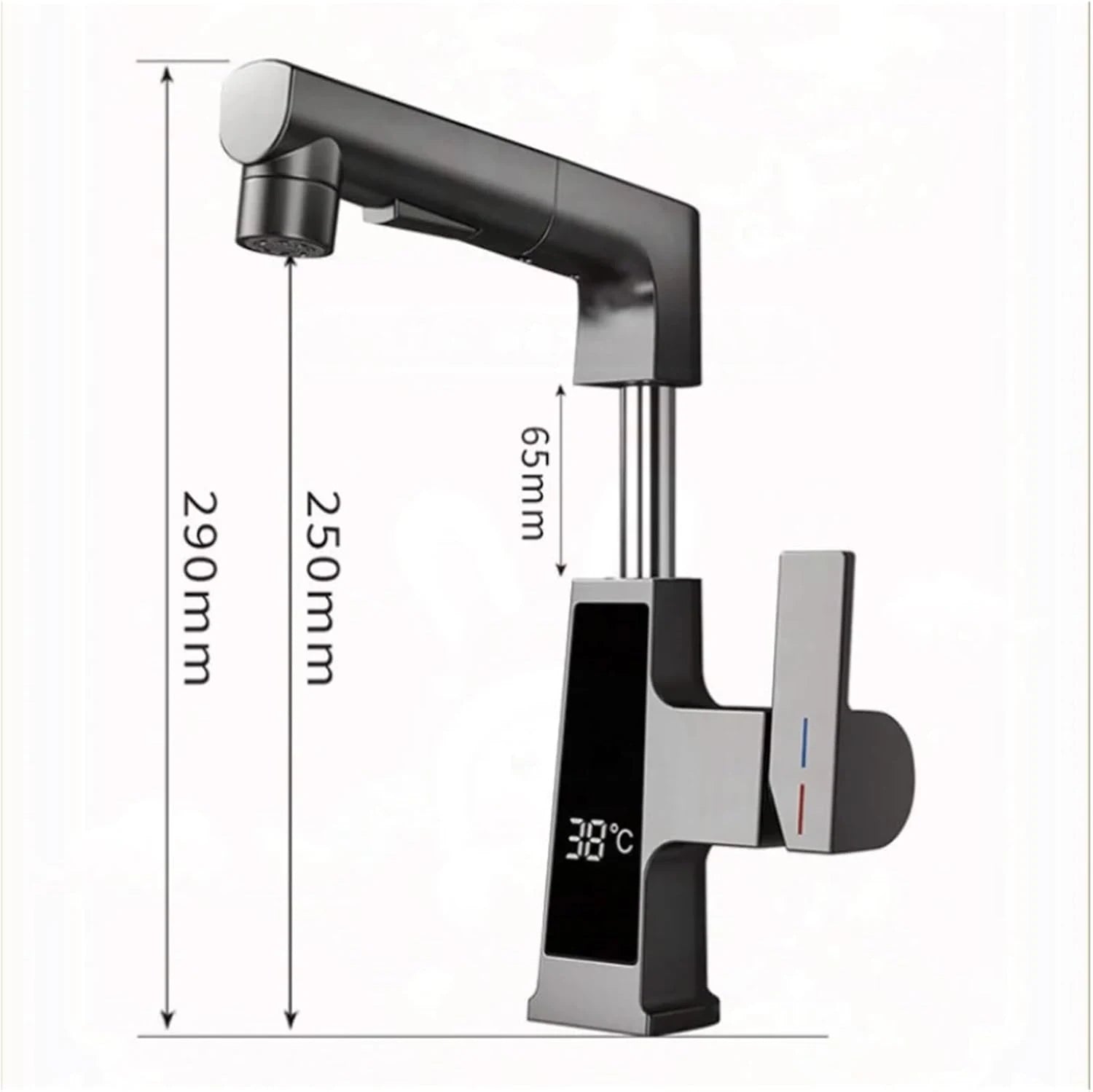Medidas da Torneira Com Display Digital Monocomando Mangueira Extensível Pull-Out: 290 mm de altura total, 250 mm até a saída e extensão vertical de 65 mm