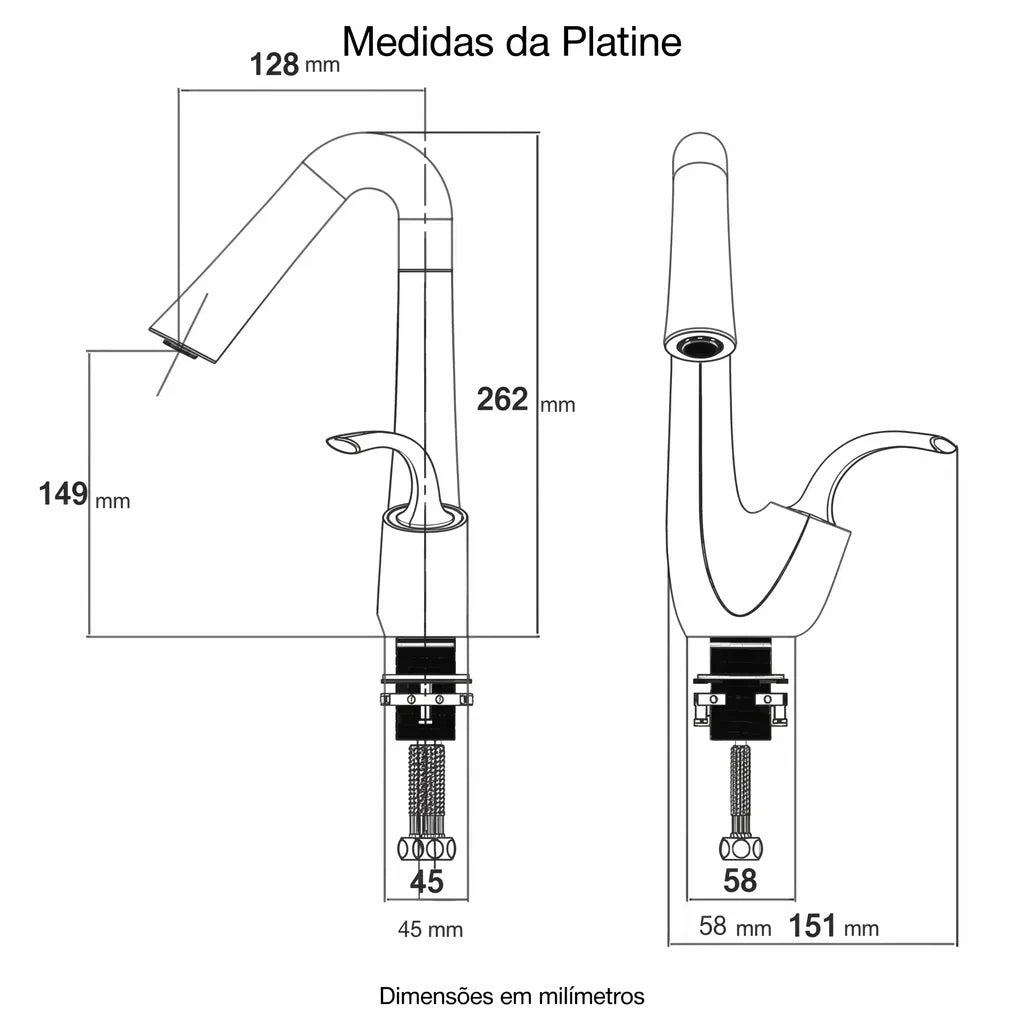 Medidas da Platine em milímetros: 128, 262, 149, 45, 58 e 151, conforme desenho técnico original