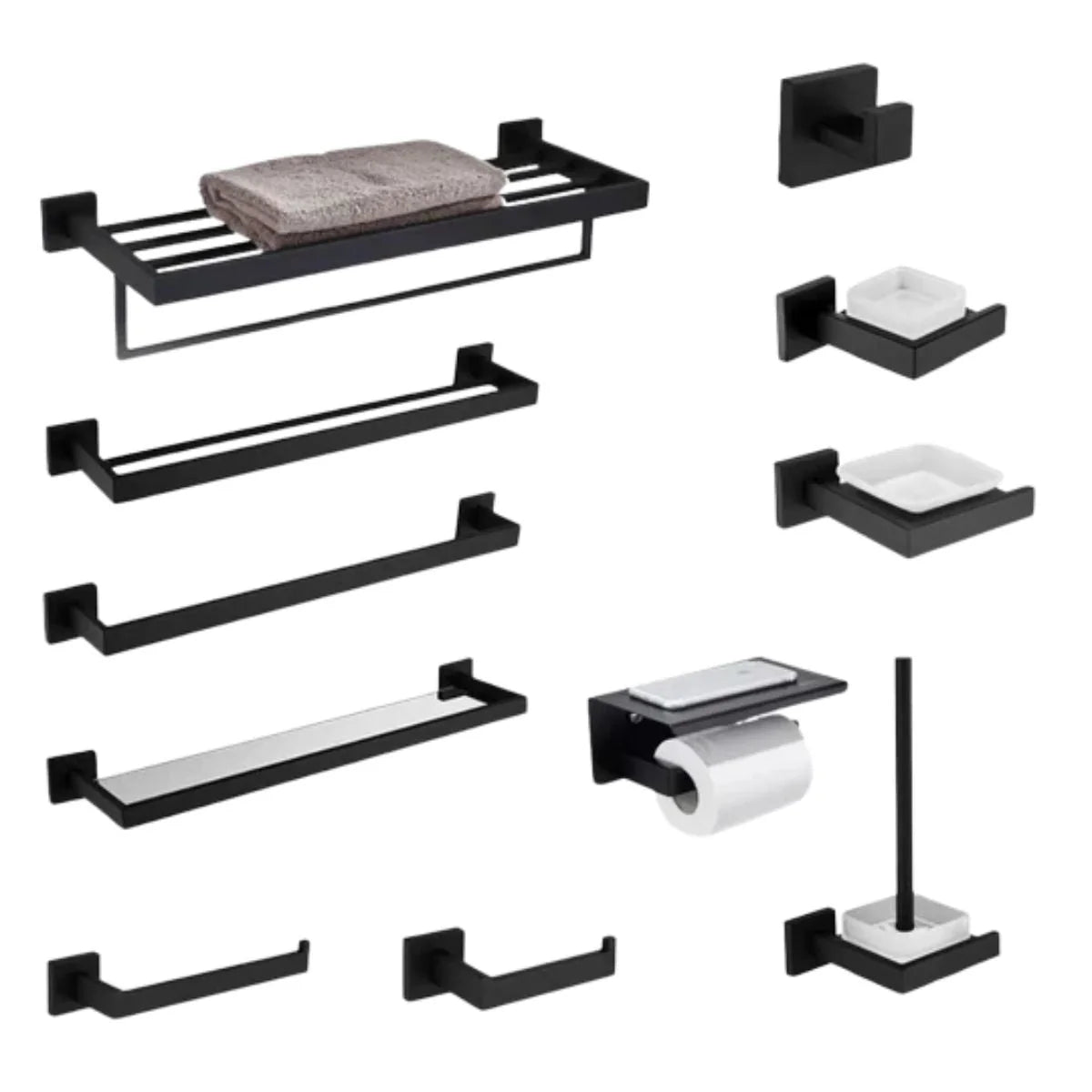 Porta Toalhas Para Banheiro Conjunto Completo Veneza Preto Fosco - Conjunto Completo