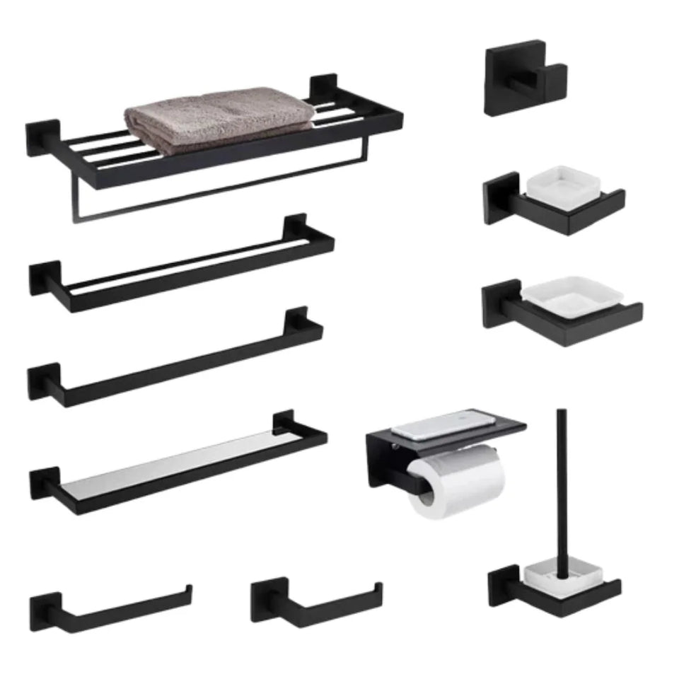 Porta Toalhas Para Banheiro Conjunto Completo Veneza Preto Fosco - Conjunto Completo
