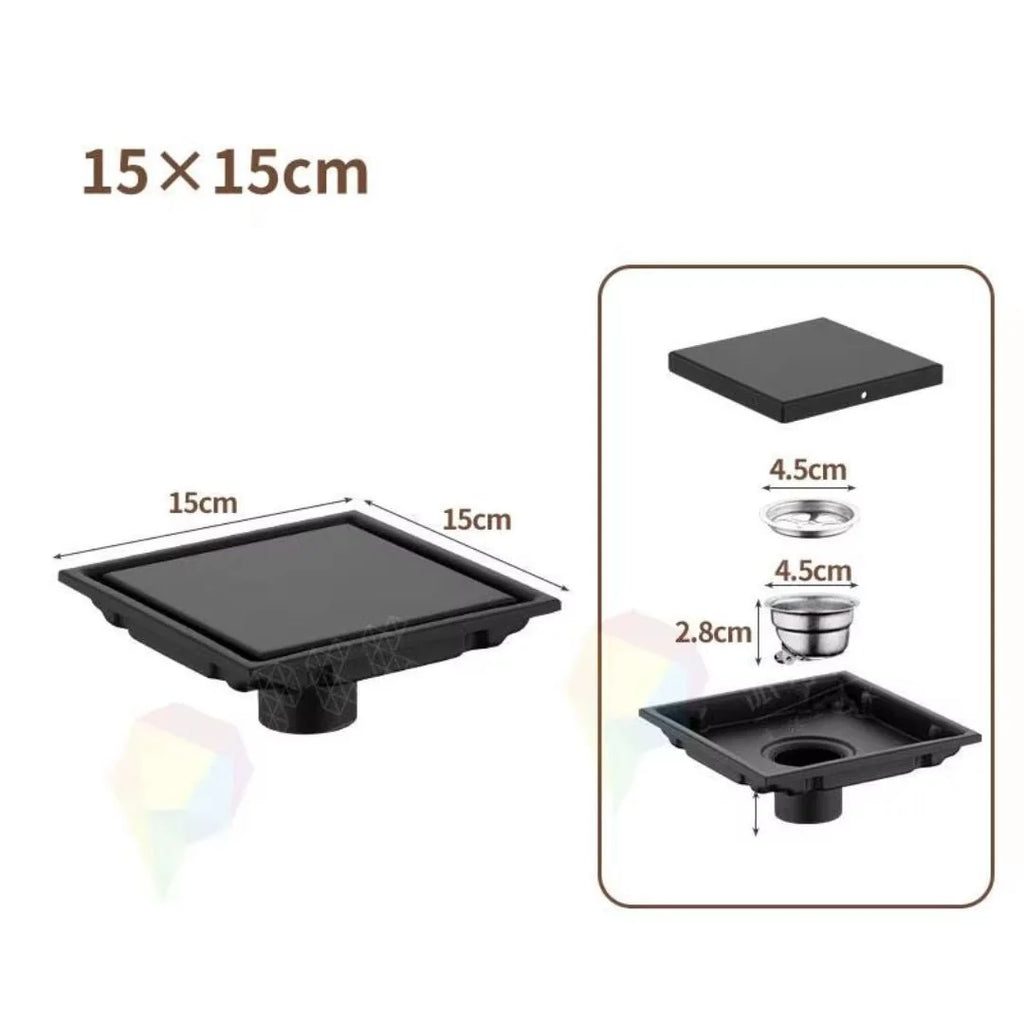 Ralo Para Banheiro Anti Odor Aço Inoxidável 304 - Preto Fosco 15x15cm