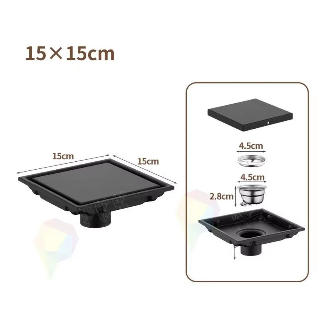 Ralo Para Banheiro Anti Odor Aço Inoxidável 304 - Preto Fosco 15x15cm