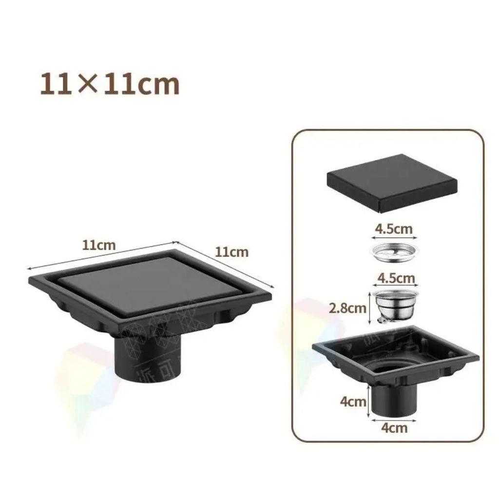 Ralo Para Banheiro Anti Odor Aço Inoxidável 304 - Preto Fosco 11x11cm