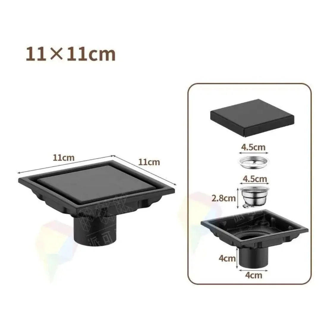 Ralo Para Banheiro Anti Odor Aço Inoxidável 304 - Preto Fosco 11x11cm