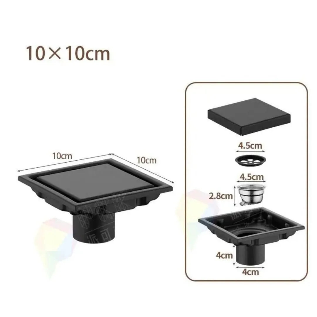 Ralo Para Banheiro Anti Odor Aço Inoxidável 304 - Preto Fosco 10x10cm