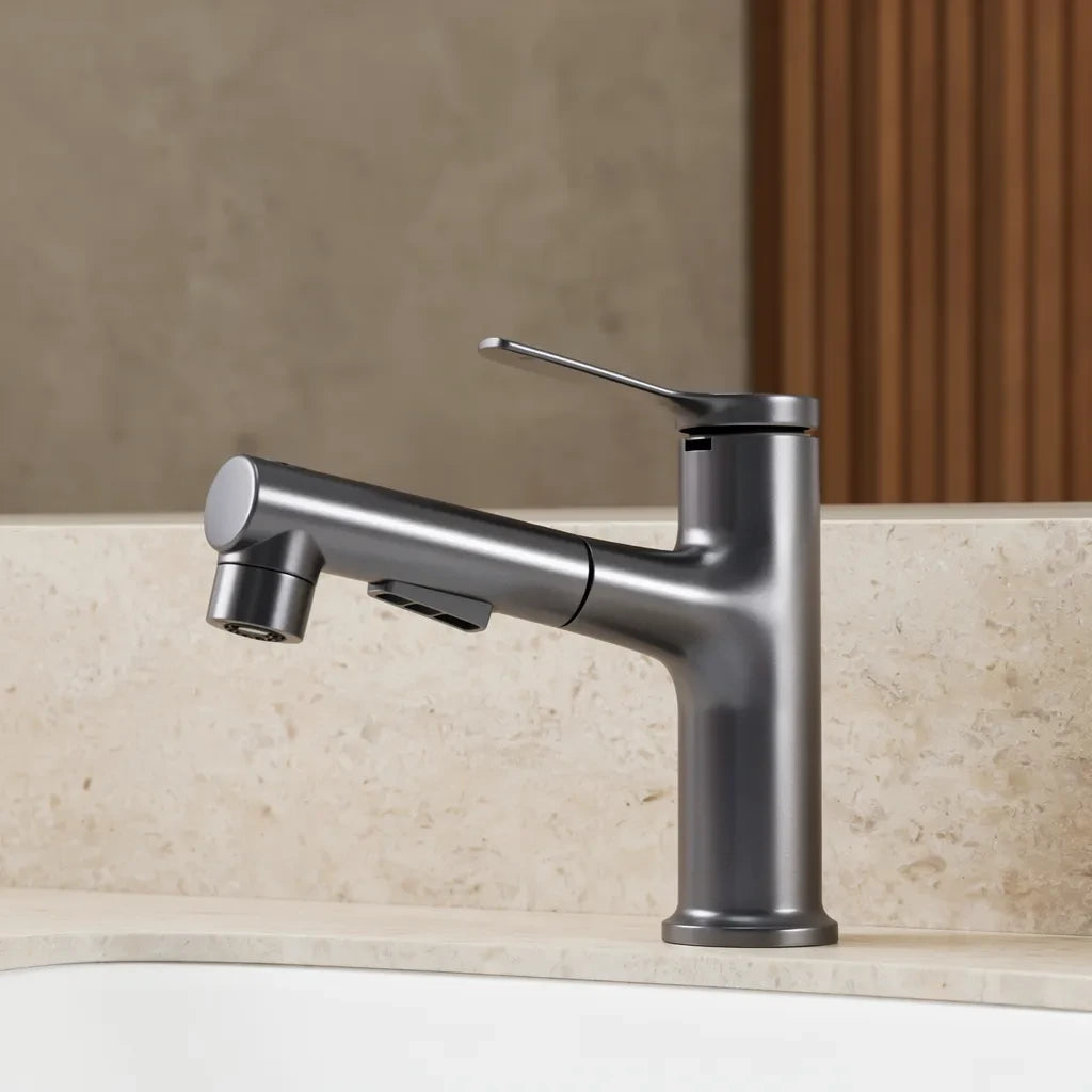 Torneira 3 Funções com Bica Extensível Inox 304 — capa ambientada em banheiro sofisticado