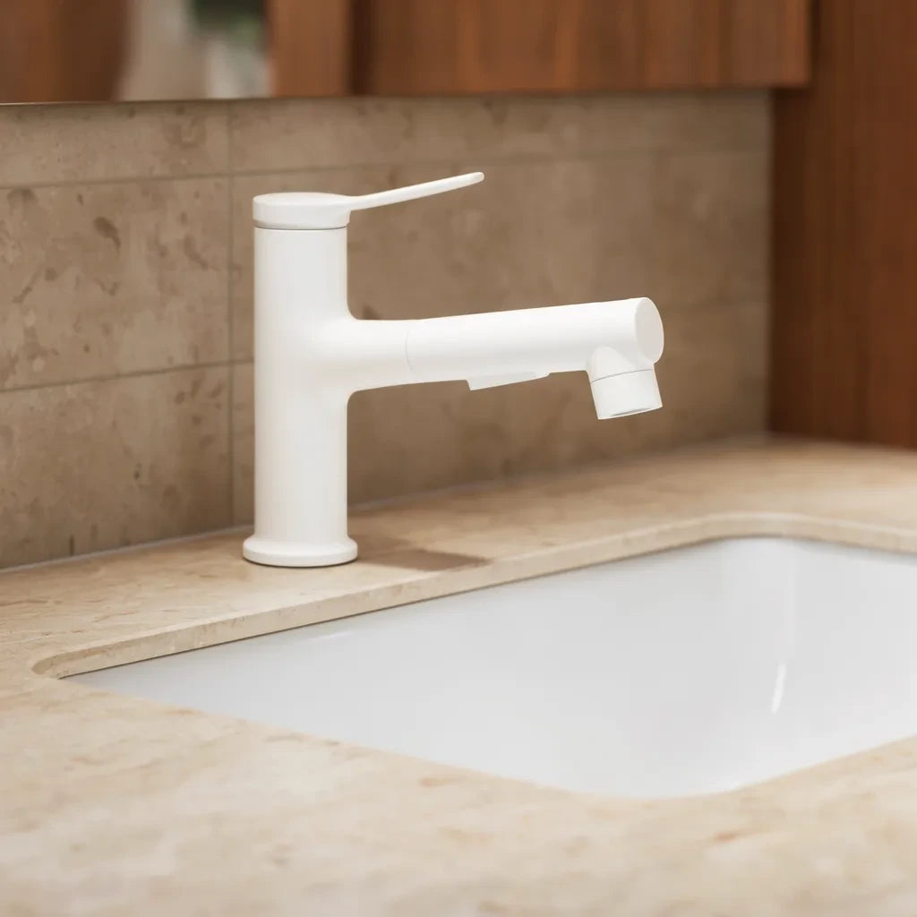 Torneira 3 Funções com Bica Extensível Inox 304 — Branco ambientado