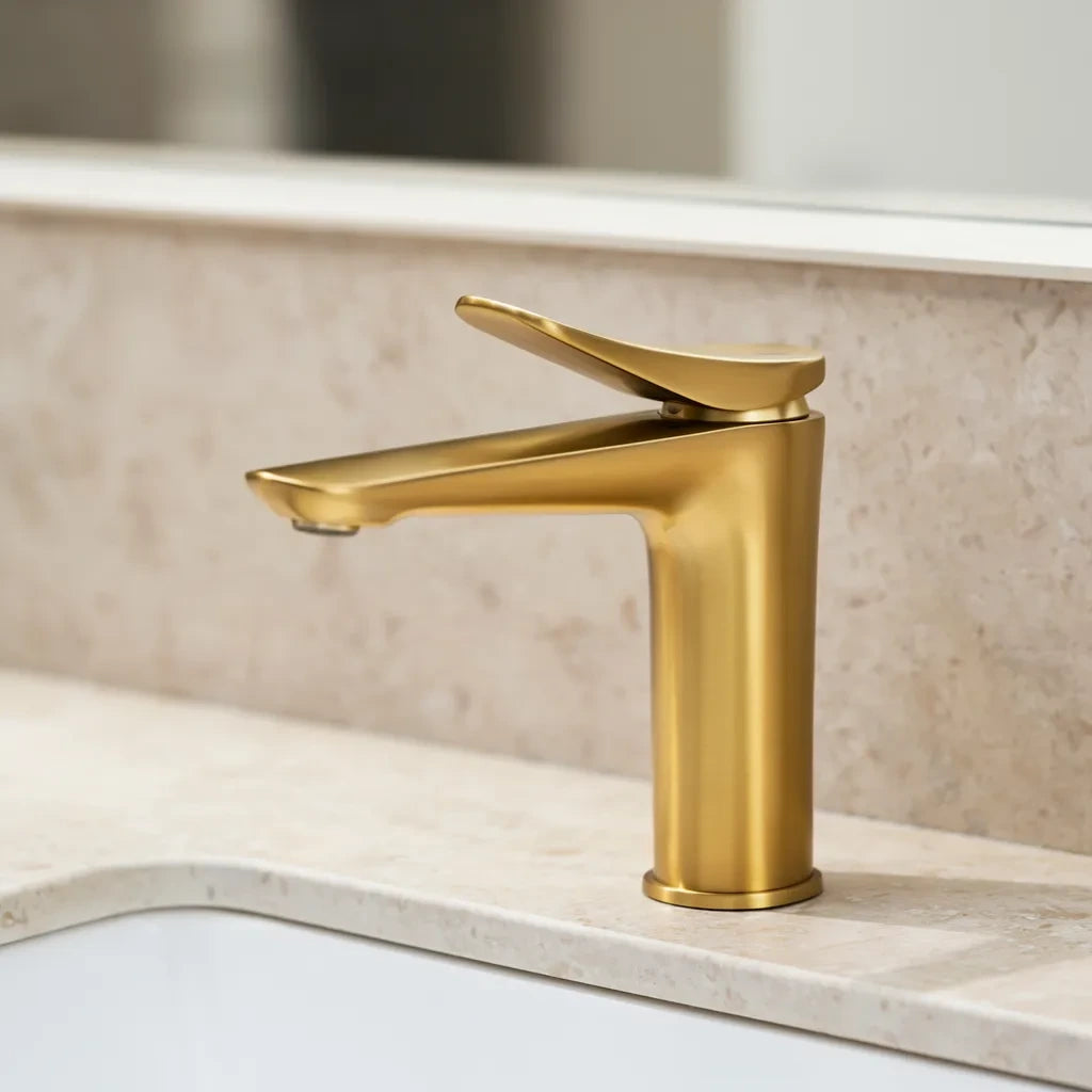 Torneira Essence — Dourado Escovado ambientado