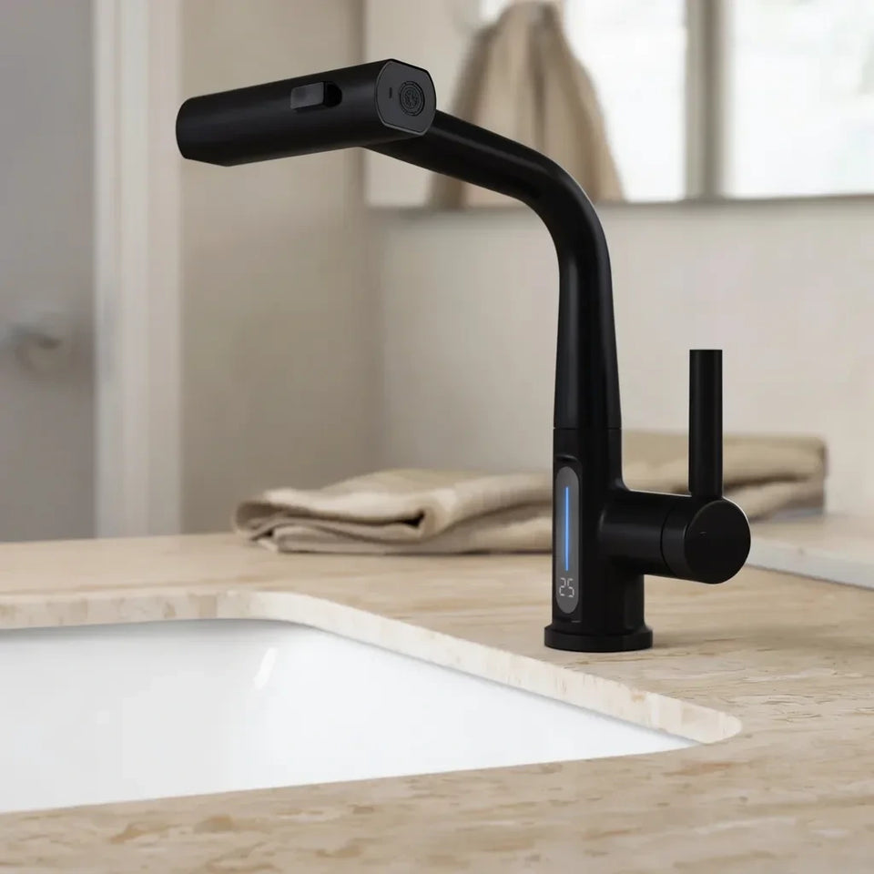 Digital Cascata Preto ambientada com visor frontal de temperatura — correção final 12-10-2026