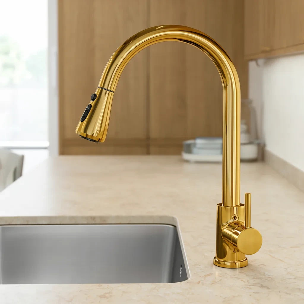 Torneira Flexível Gourmet — Dourado ambientado em cozinha