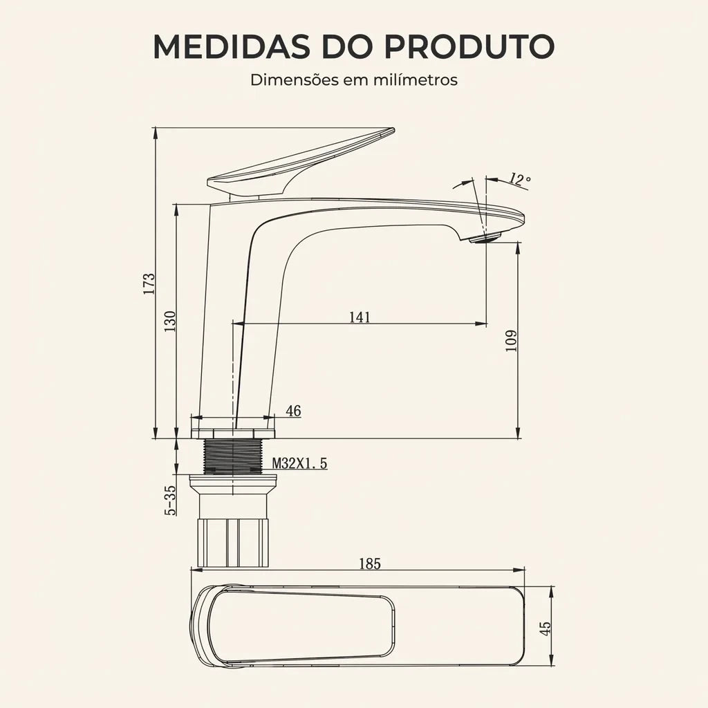 Torneira Palace — desenho técnico com medidas em milímetros