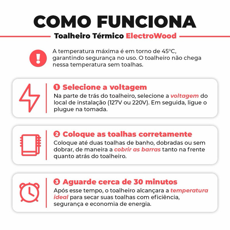 Toalheiro térmico Elegance 9 barras prata escovado Royal - funcionamento
