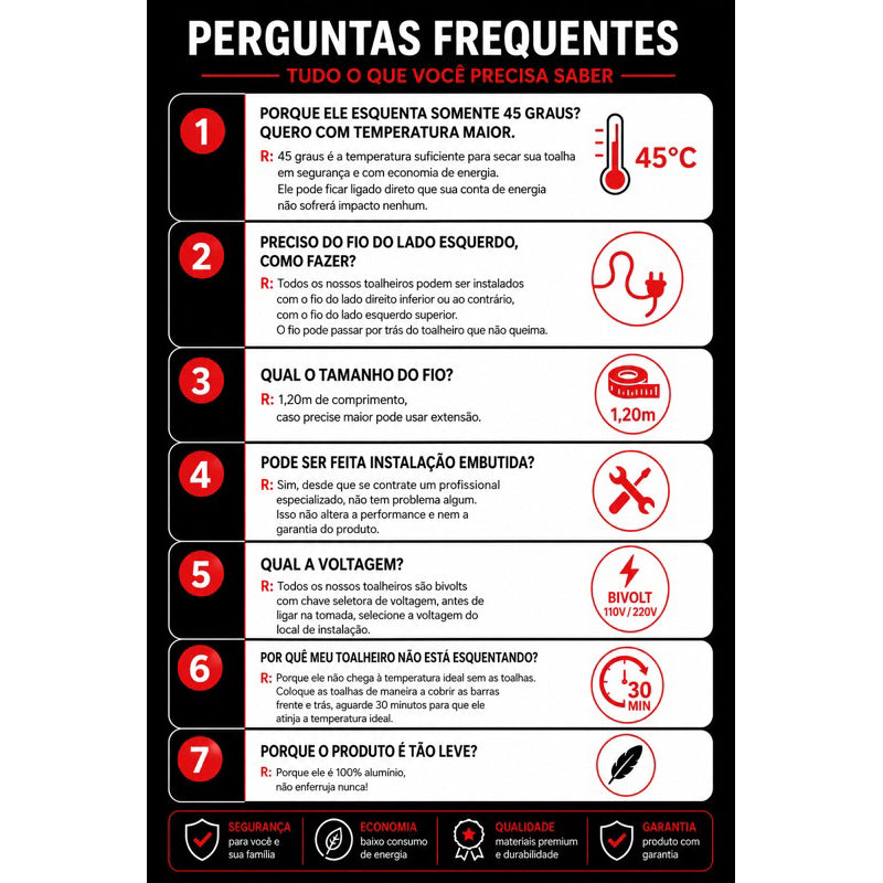 Toalheiro térmico Elegance 9 barras prata escovado Royal - dúvidas frequentes