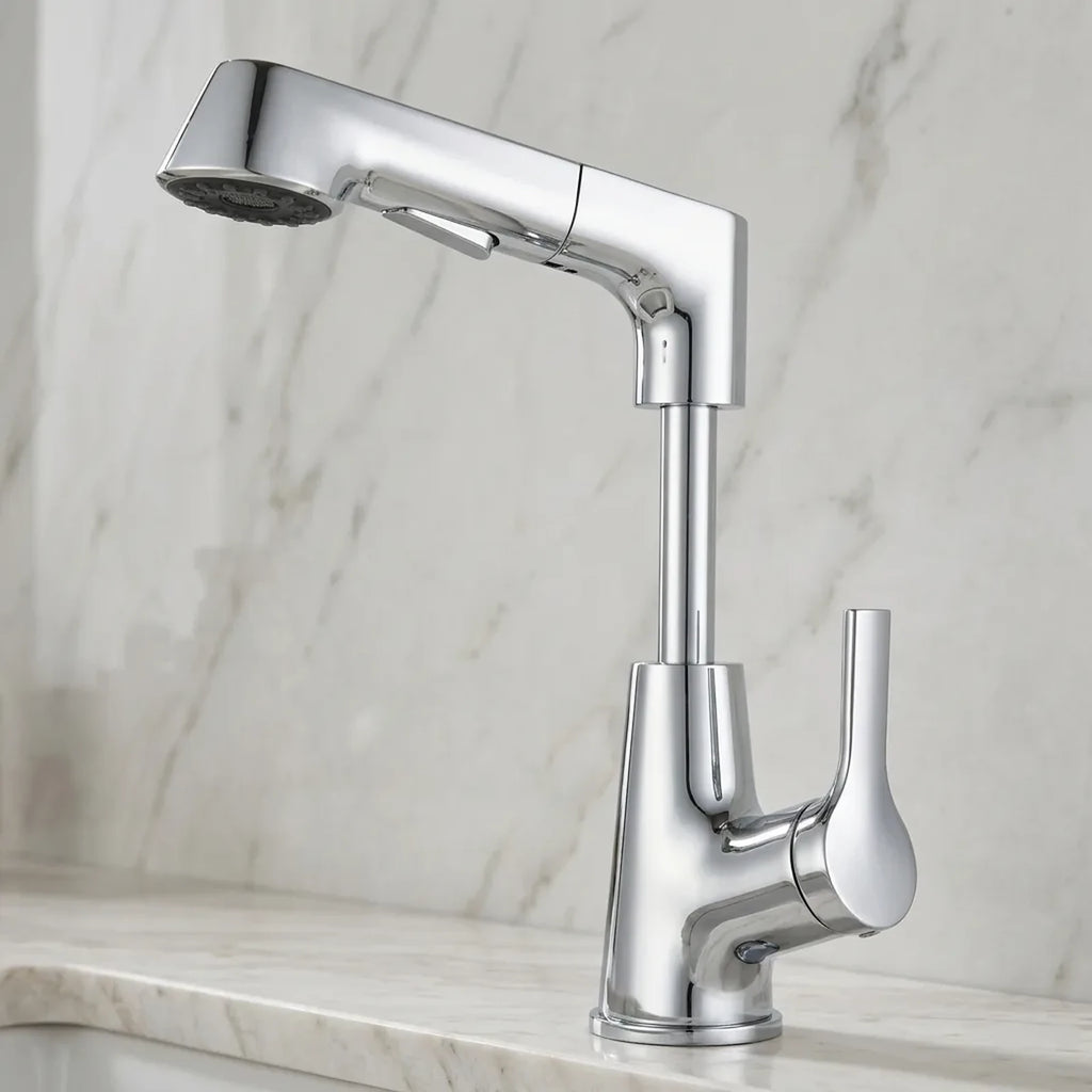 Torneira de banheiro monocomando cromada com bica destacável pull-out sobre bancada de mármore