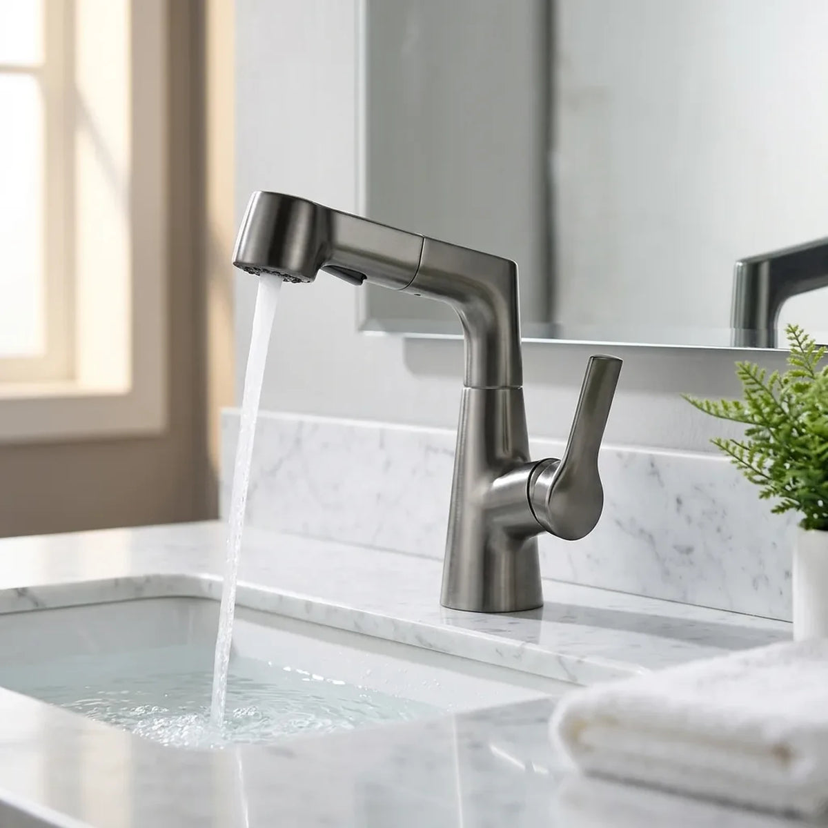 Torneira de banheiro monocomando pull-out Sapphire cinza grafite instalada em bancada de mármore branco com água corrente