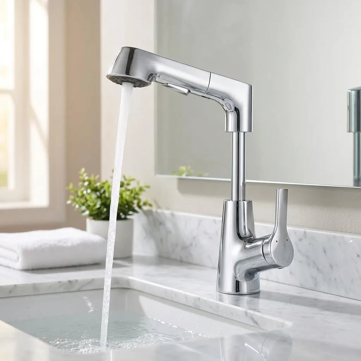 Torneira de banheiro monocomando pull-out Sapphire cromada instalada em bancada de mármore branco com água corrente