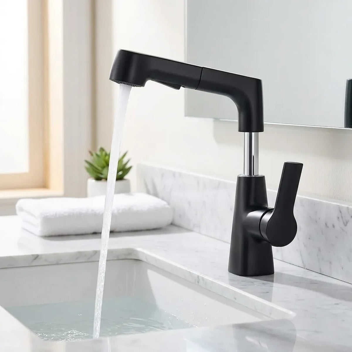 Torneira de banheiro monocomando pull-out Sapphire preta instalada em bancada de mármore branco com água corrente