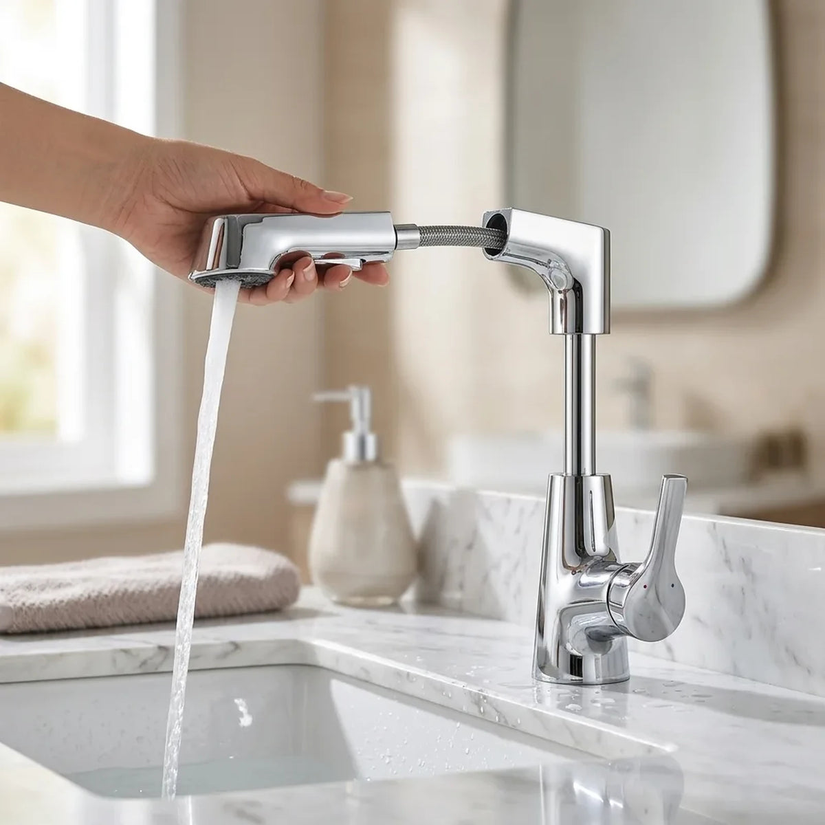 Mão puxando a ponta extensível da torneira de banheiro monocomando pull-out Sapphire cromada, mangueira à mostra e água corrente
