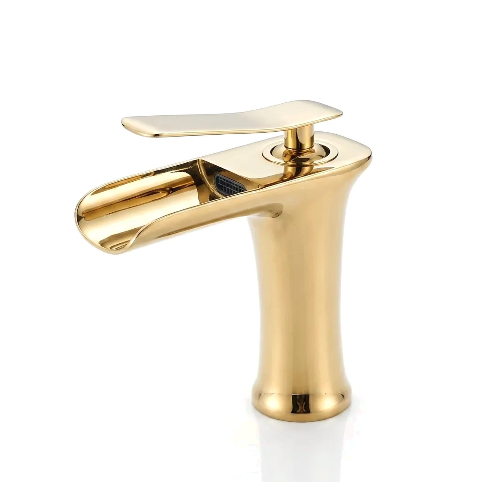 Torneira cascata para banheiro dourada, foto em fundo branco - Torneiras Royal
