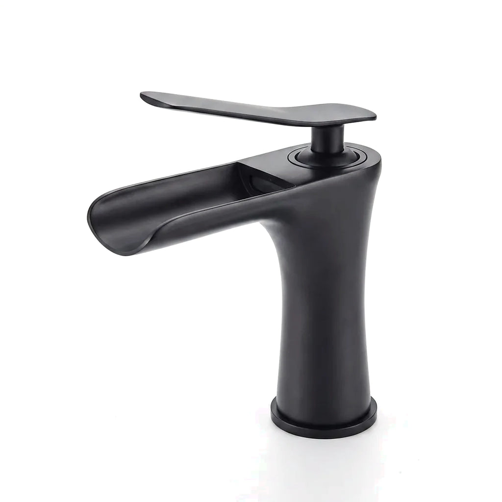 Torneira cascata para banheiro preto escovado fosco, foto em fundo branco - Torneiras Royal