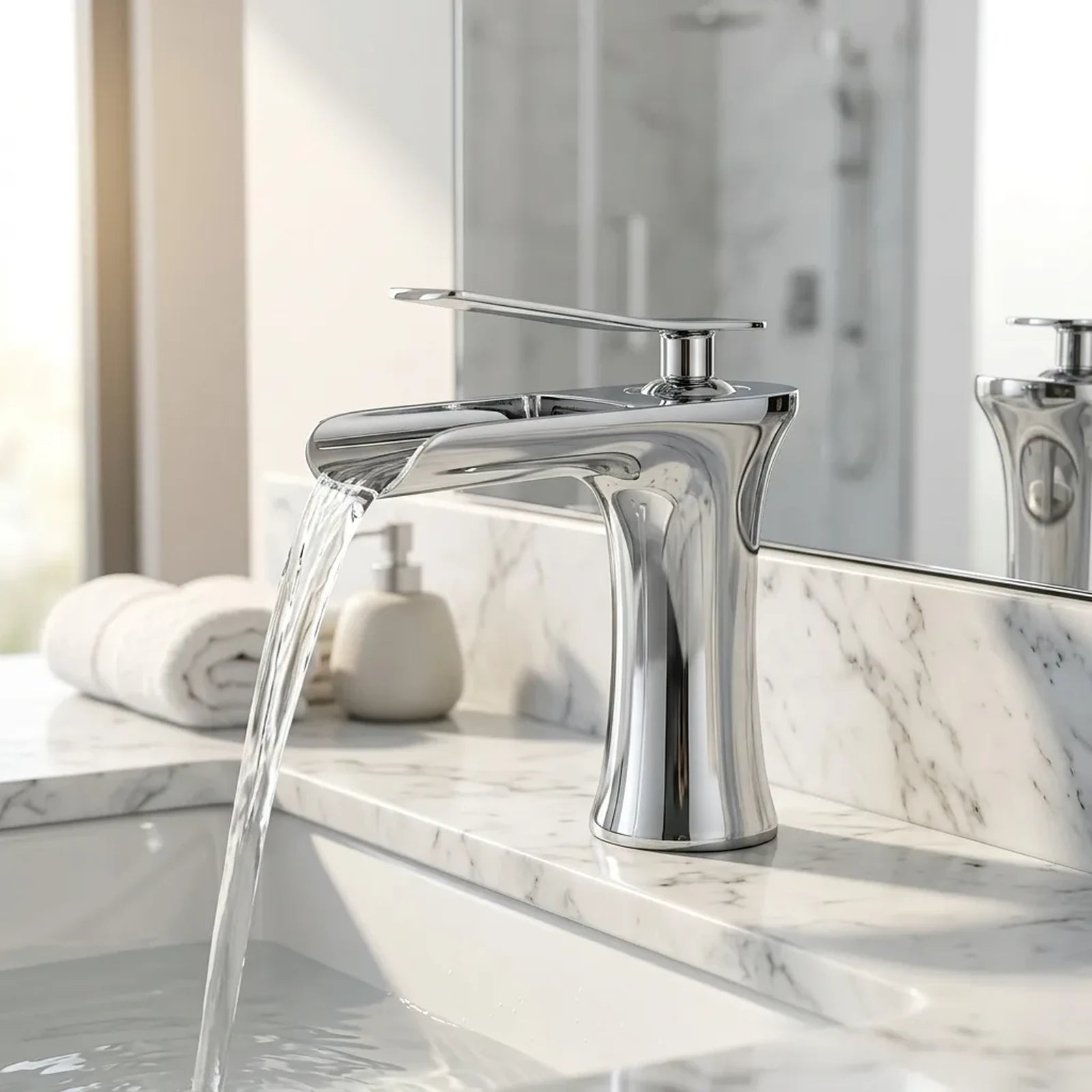 Torneira cascata cromada instalada em bancada de mármore branco